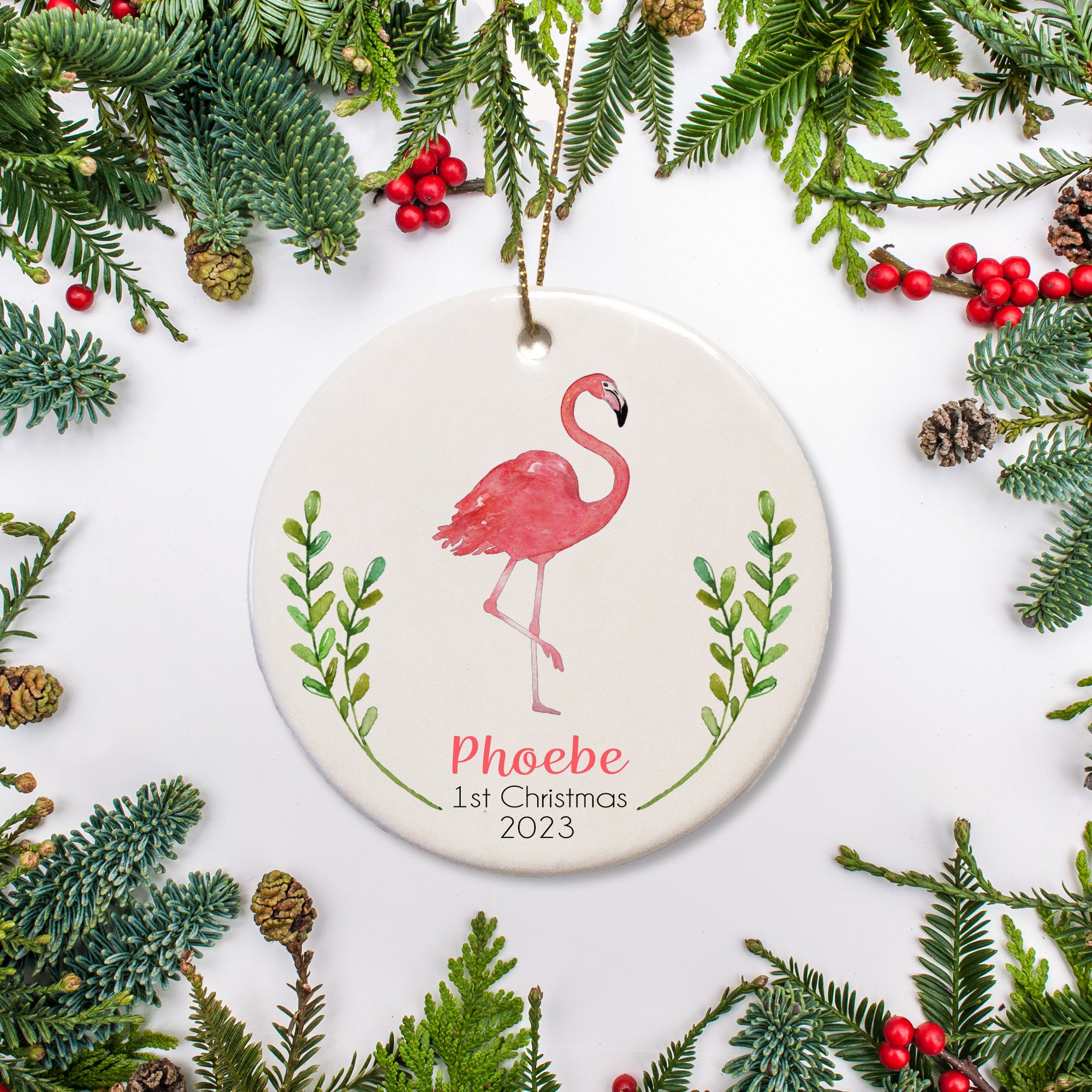 Flamingo Christmas Ornament for baby's first Christmas, ceramic personalized with name