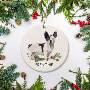 White and Black French Bulldog christmas ornament, ceramic, personalized with your pet's name