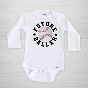 Future Baller Baseball Gerber Onesie®. You can leave a note and specify team colors for the text. Otherwise, the print will be black as shown.