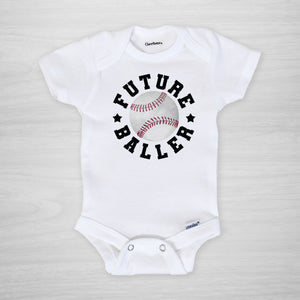 Future Baller Baseball Gerber Onesie®. You can leave a note and specify team colors for the text. Otherwise, the print will be black as shown.