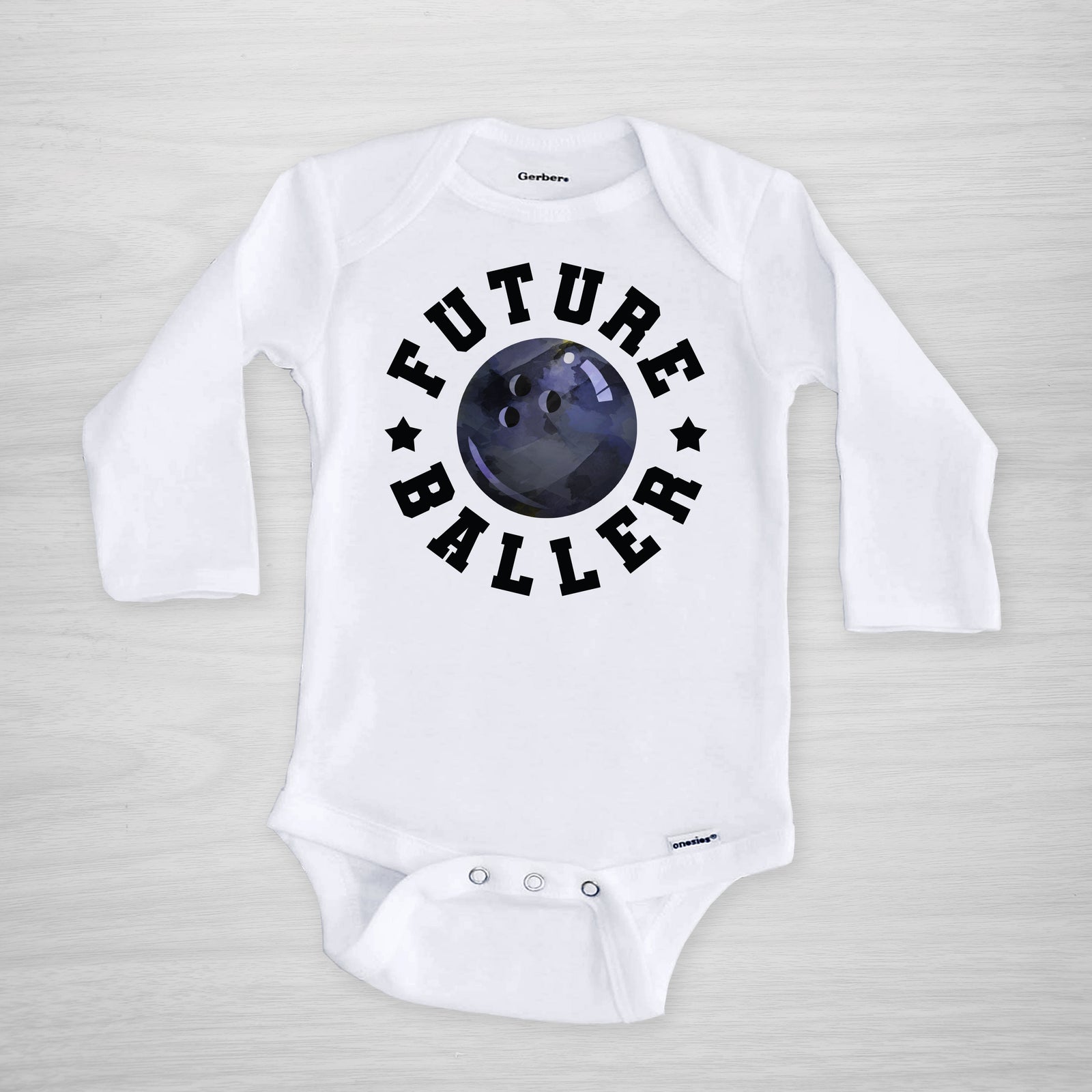 Future Baller Bowling Gerber Onesie®. You can leave a note and specify team colors for the text. Otherwise, the print will be black as shown.