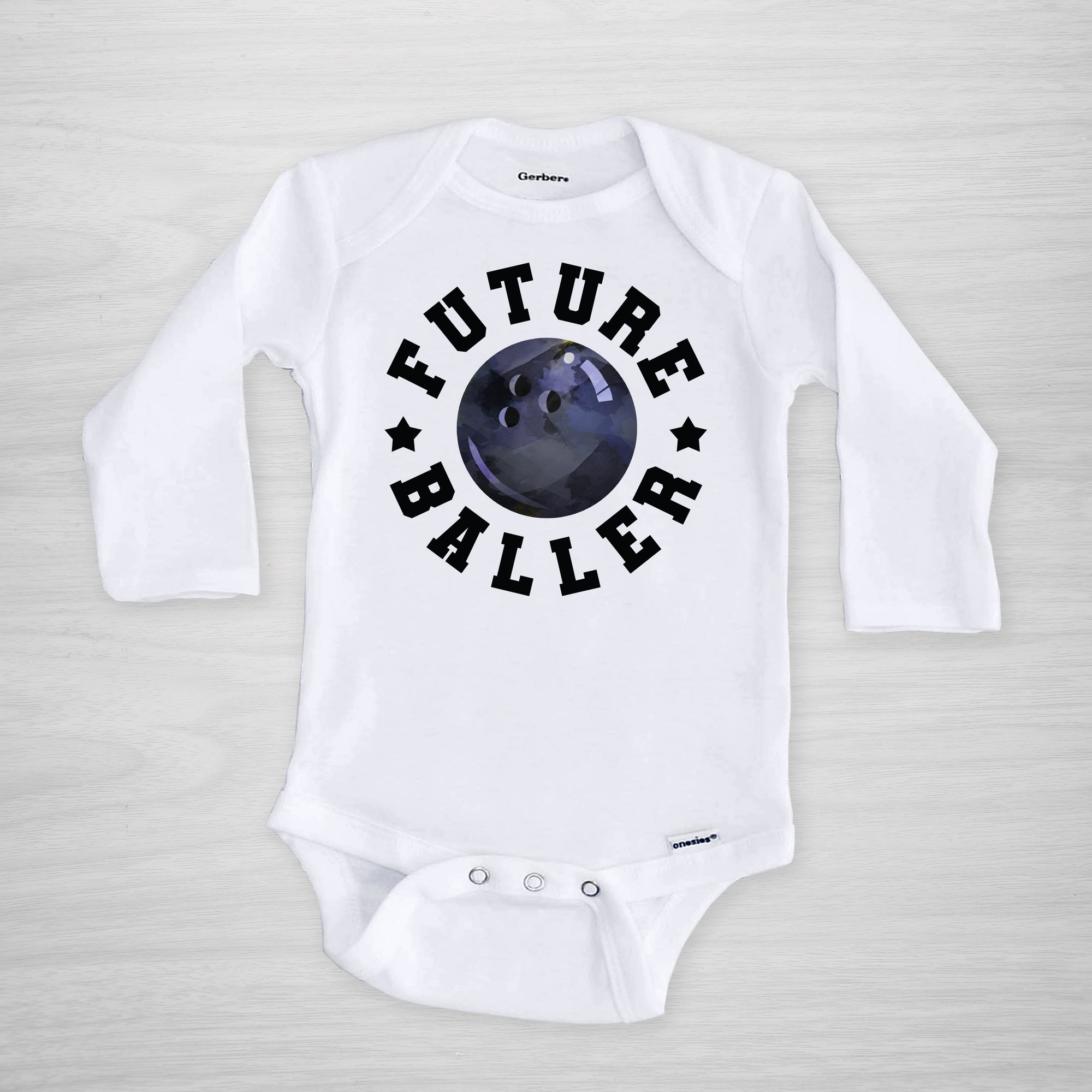 Future Baller Bowling Gerber Onesie®. You can leave a note and specify team colors for the text. Otherwise, the print will be black as shown.