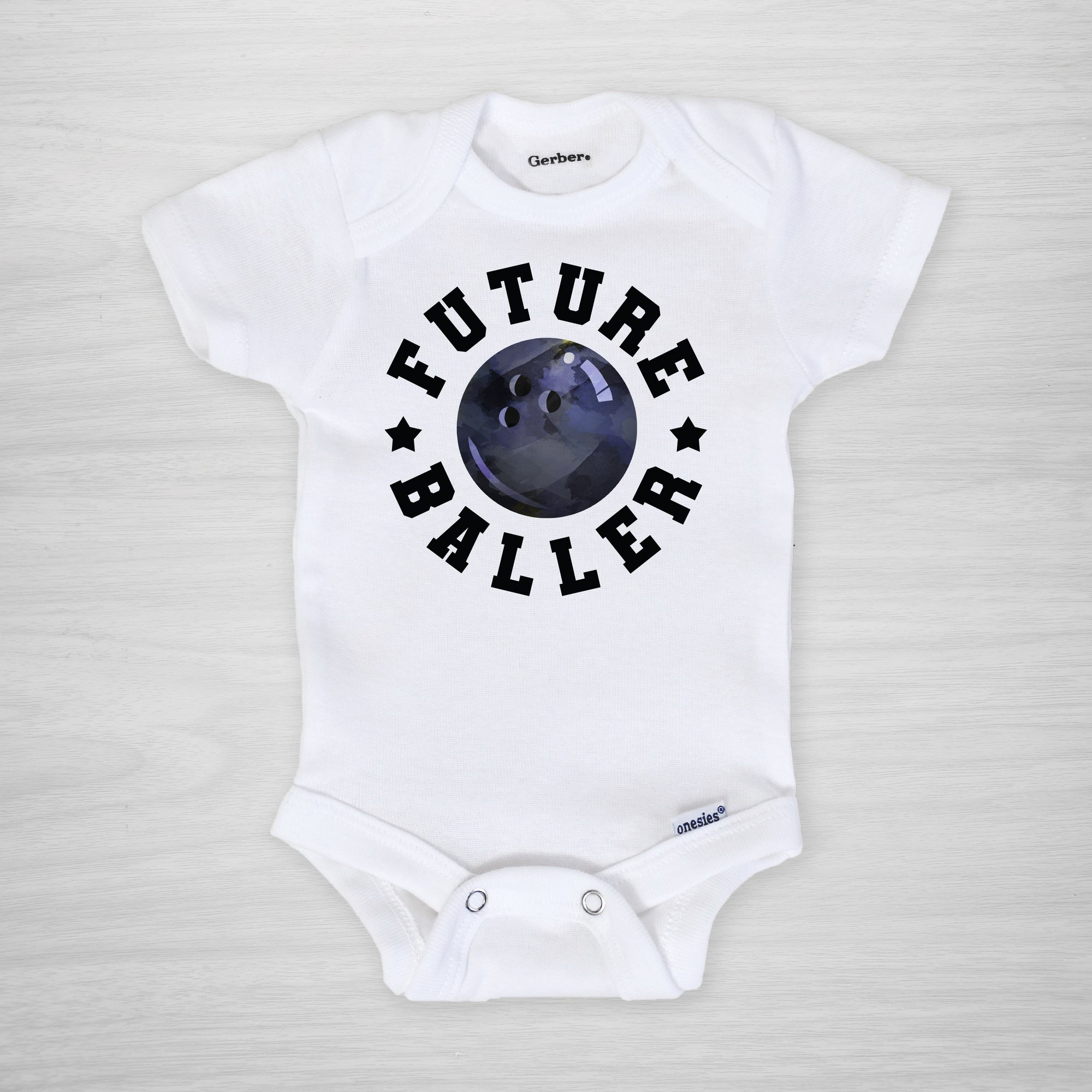 Future Baller Bowling Gerber Onesie®. You can leave a note and specify team colors for the text. Otherwise, the print will be black as shown.