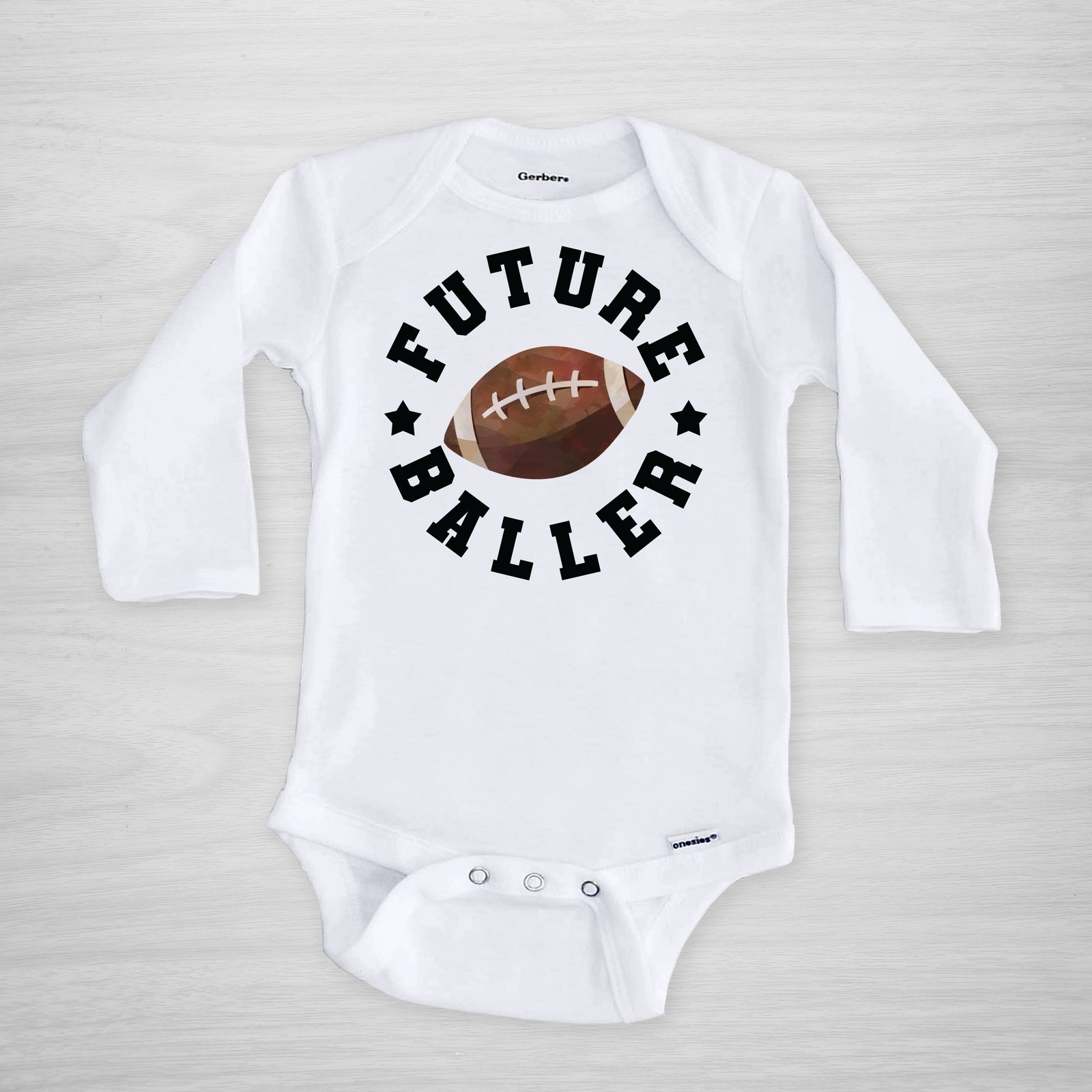 Future Baller Football Gerber Onesie®. You can leave a note and specify team colors for the text. Otherwise, the print will be black as shown.&nbsp;