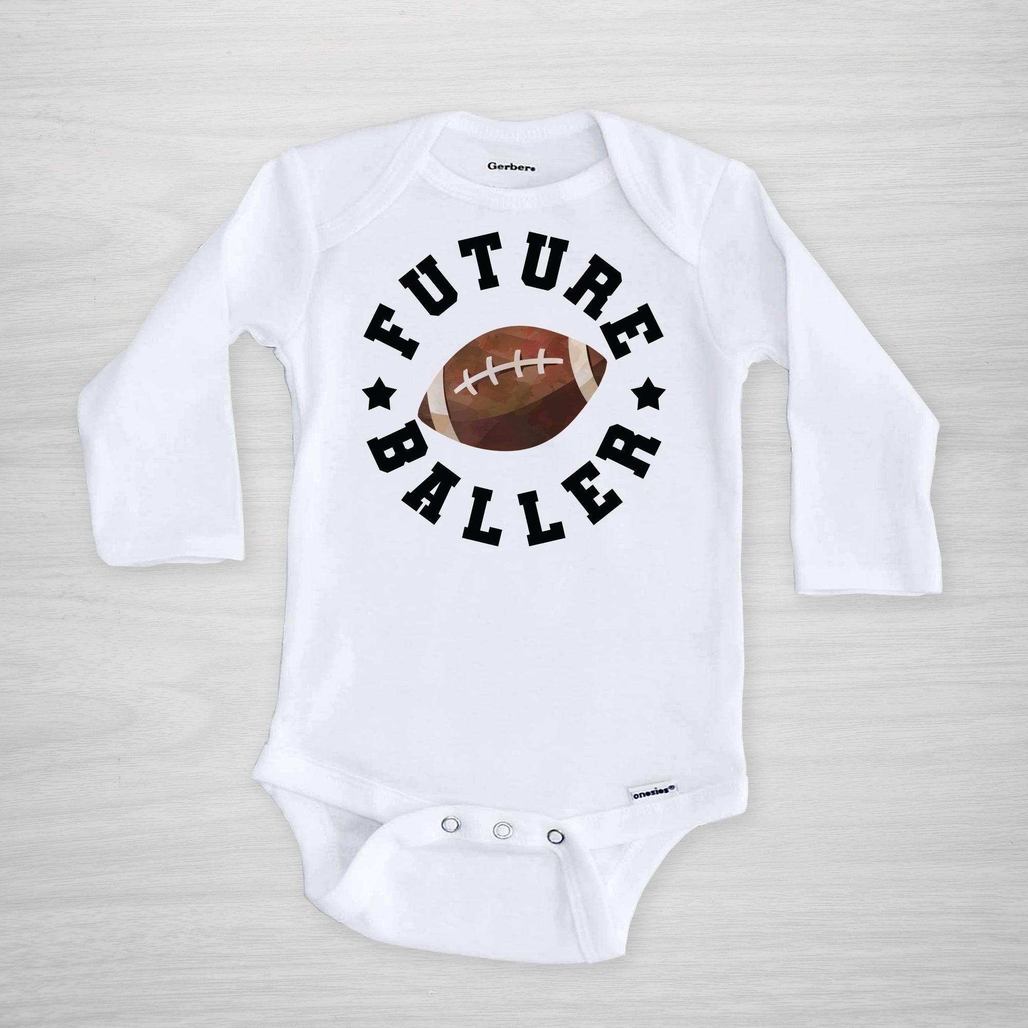 Future Baller Football Gerber Onesie®. You can leave a note and specify team colors for the text. Otherwise, the print will be black as shown.&nbsp;