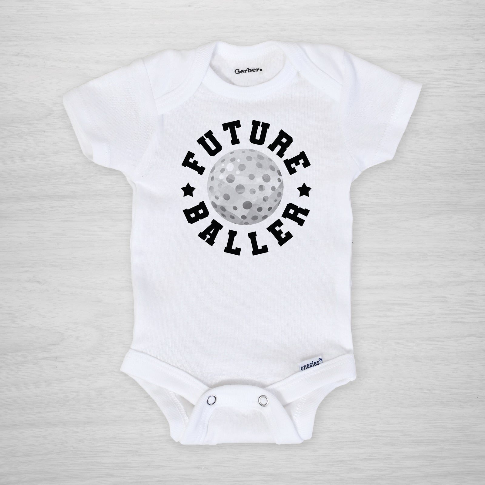 Future Baller Golf Gerber Onesie®. You can leave a note and specify team colors for the text. Otherwise, the print will be black as shown.&nbsp;