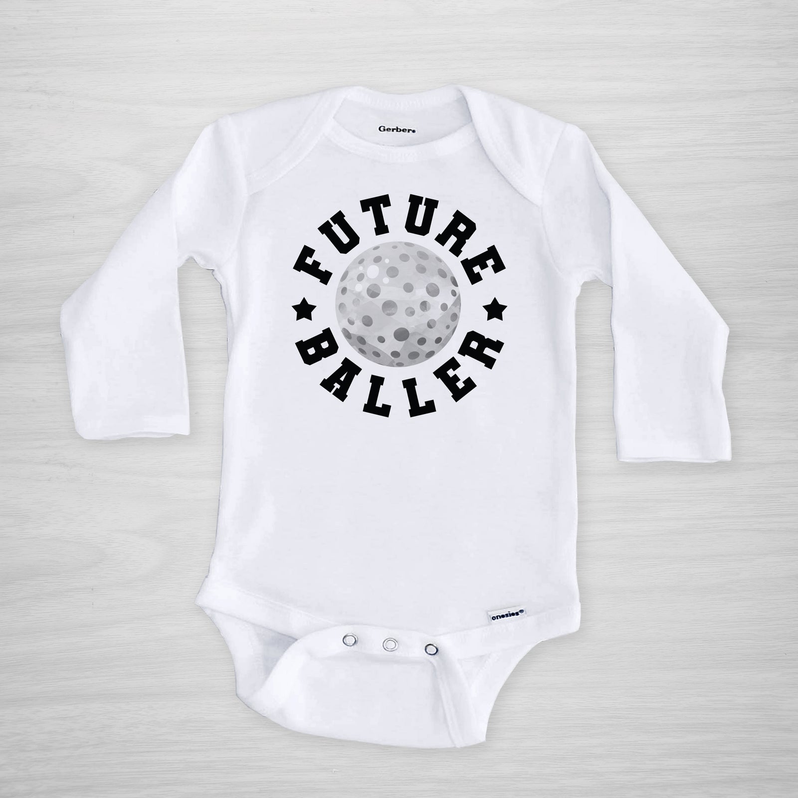 Future Baller Golf Gerber Onesie®. You can leave a note and specify team colors for the text. Otherwise, the print will be black as shown.&nbsp;