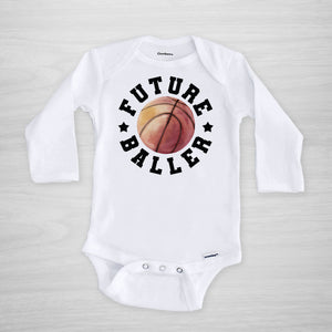 Future Baller Basketball Gerber Onesie®. You can leave a note and specify team colors for the text. Otherwise, the print will be black as shown.