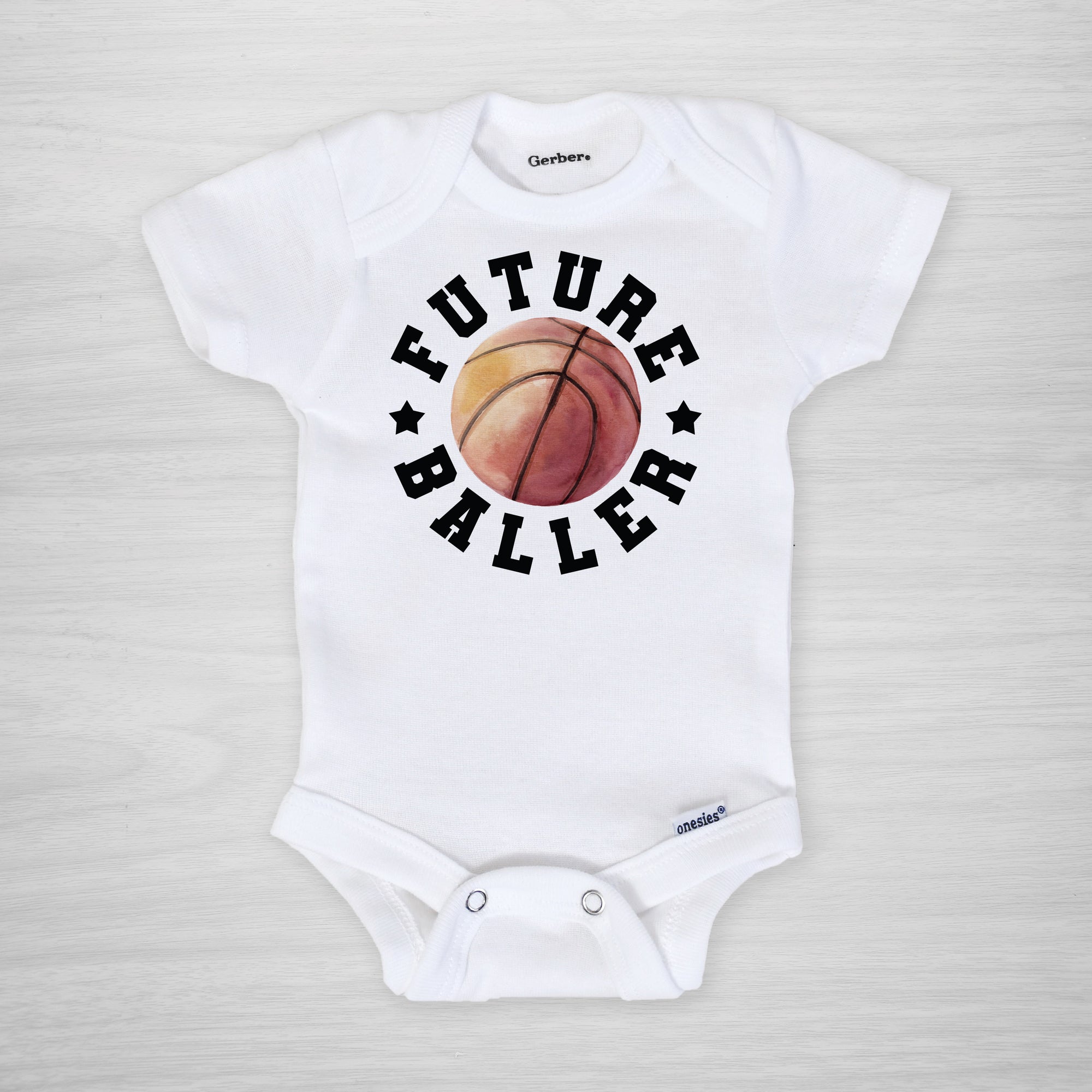 Future Baller Basketball Gerber Onesie®. You can leave a note and specify team colors for the text. Otherwise, the print will be black as shown.