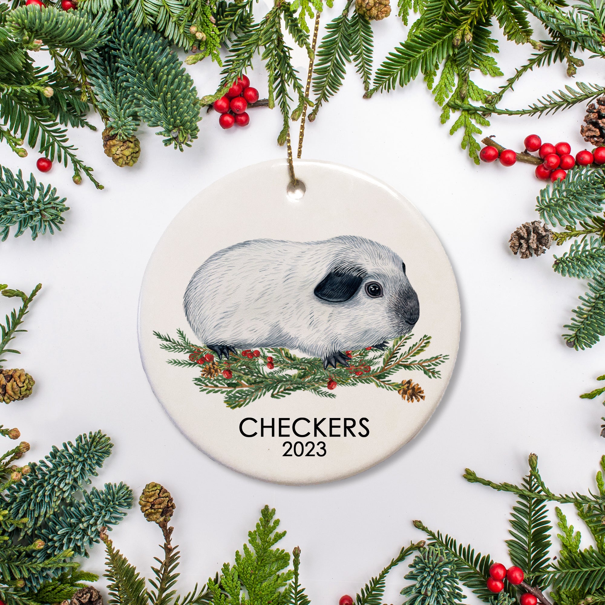 A special ornament for a special guinea pig. This is ceramic and includes a name and date for a  Californian guinea pig