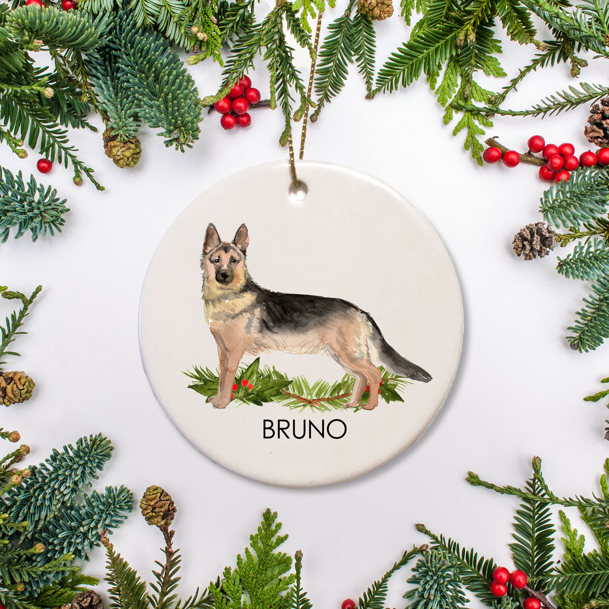 German Shepherd christmas ornament, personalized with your dog's name, ceramic, hand-printed in PIpsy's Nashville studio
