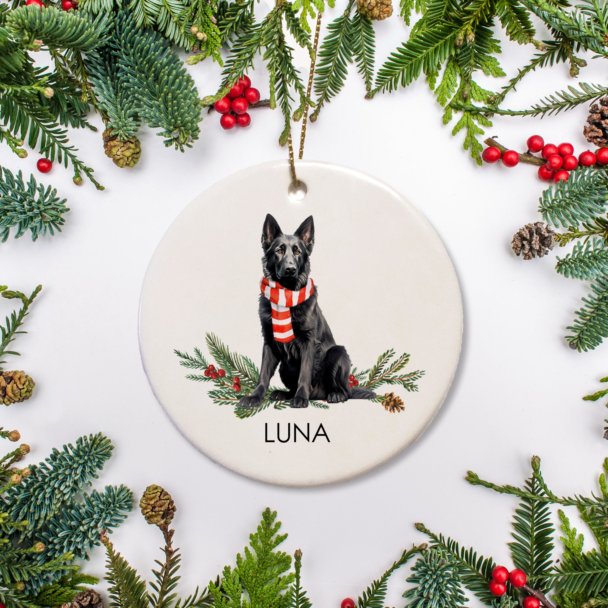 This Christmas ornament shows a black German Shepherd on a bed of holly, and is personalized with your dog's name. It's an ideal gift for any pet lover or a thoughtful way to remember their puppy's first holiday season.