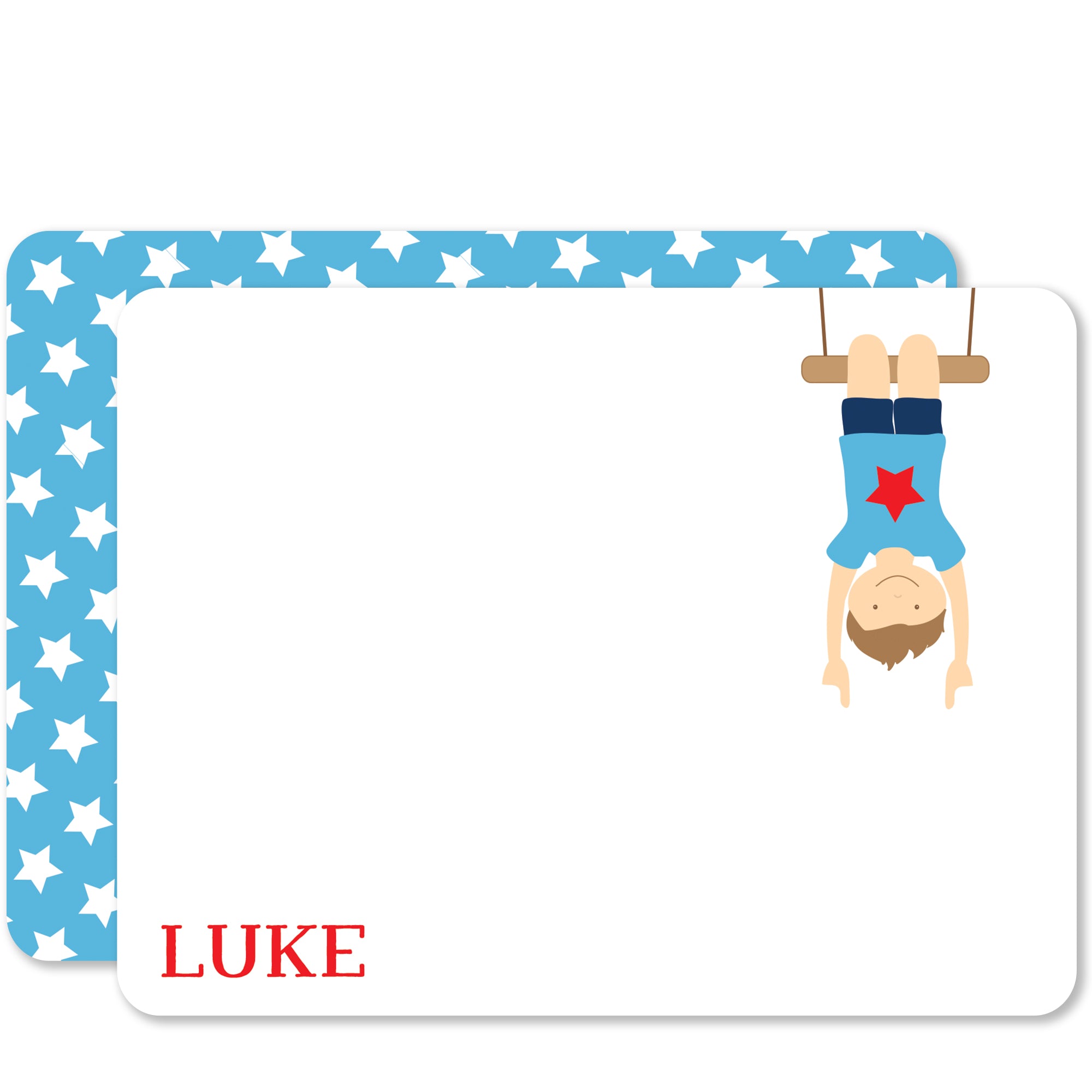 Gymnastics thank you notecards stationery, boy hanging with a star background, boy's hair, eye and skin color can be changed, thick cardstock
