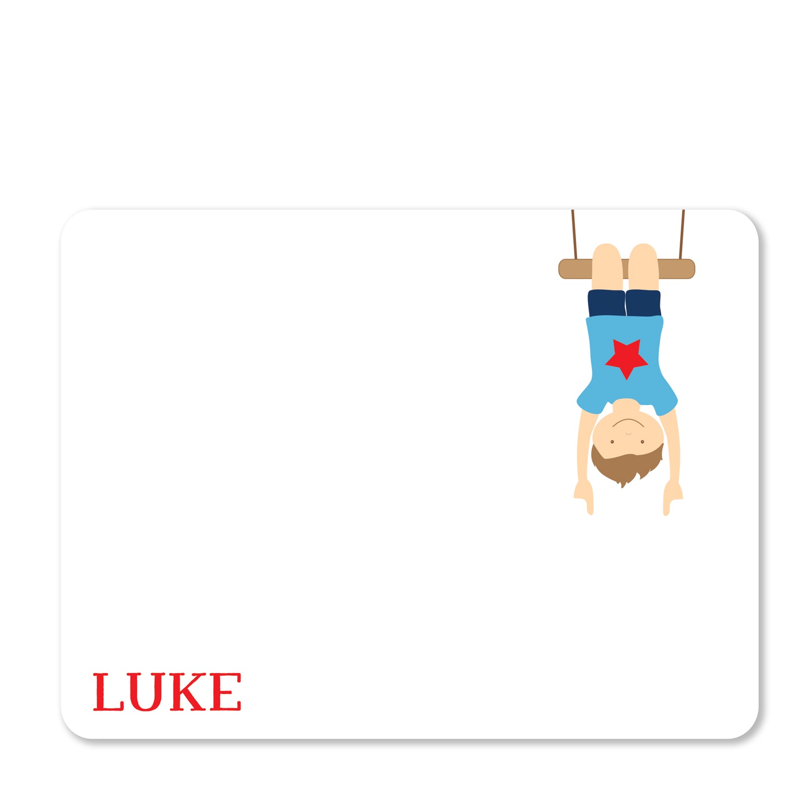 Gymnastics thank you notecards stationery, boy hanging with a star background, boy's hair, eye and skin color can be changed, thick cardstock