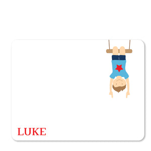 Gymnastics thank you notecards stationery, boy hanging with a star background, boy's hair, eye and skin color can be changed, thick cardstock, front view