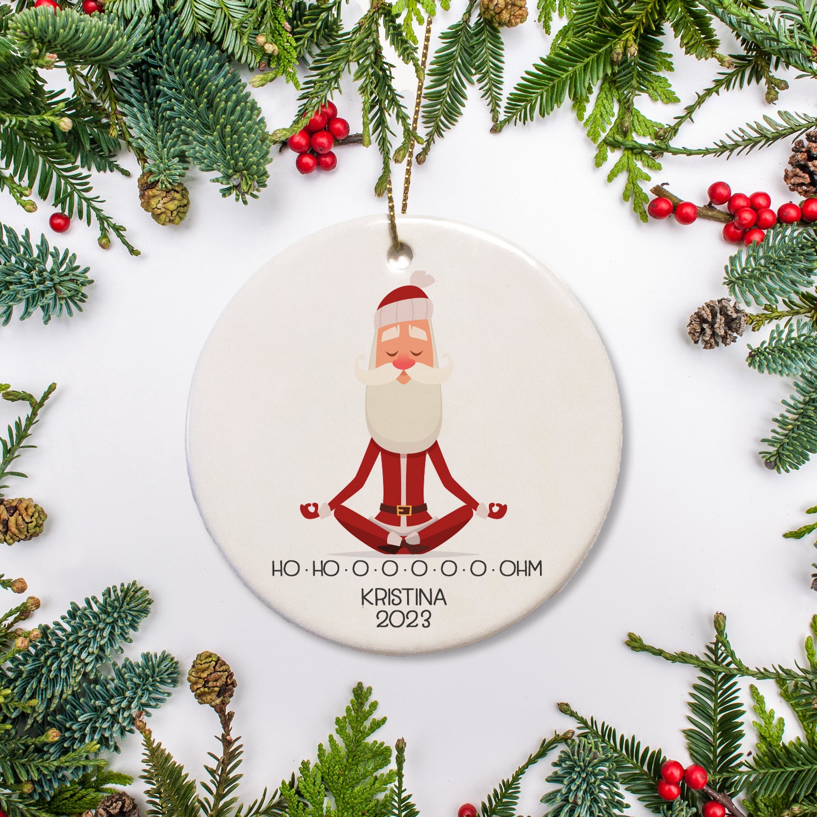 Personalized Christmas Ornament | Yoga Santa | Skinny Santa | Meditation Ho Ho Ohm | PIPSY.COM