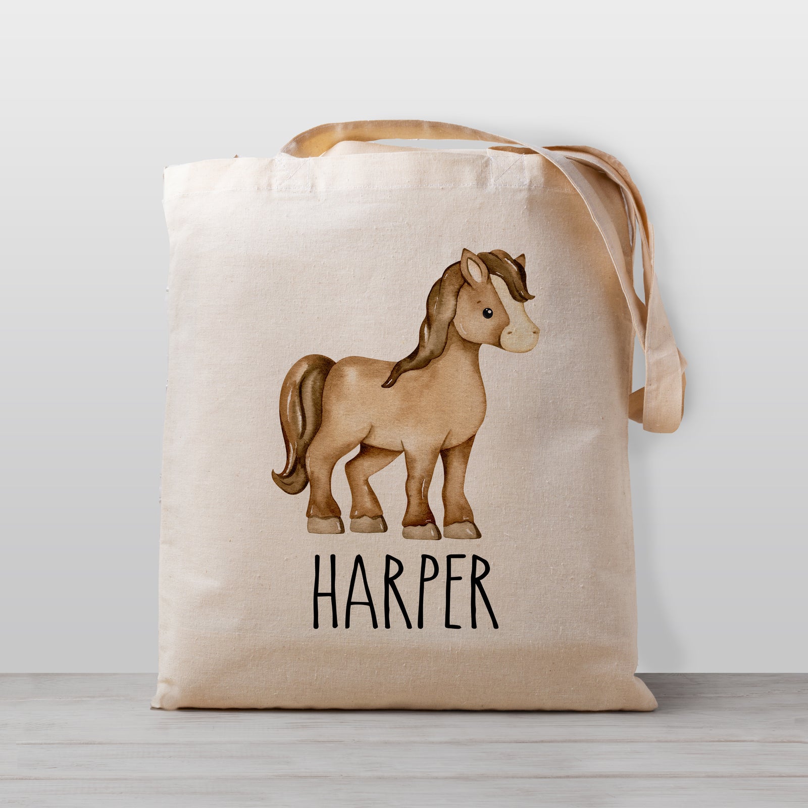 Horse tote bag for kids, personalized with your child's name. Gender neutral so perfect for boys or girls. Good for daycare, preschool, or as a library book bag, 100% cotton canvas
