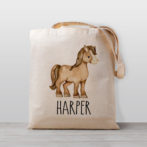 Horse tote bag for kids, personalized with your child's name. Gender neutral so perfect for boys or girls. Good for daycare, preschool, or as a library book bag, 100% cotton canvas