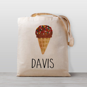 Personalized kids tote bag with a chocolate ice cream cone, 100% natural cotton canvas, and perfect for preschool or daycare
