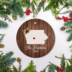 Iowa state christmas ornament. Personalized with your name, city, and year. Ceramic keepsake ornament with a gold hanging string. Great for a college student, new home owners, just moved, or vacation memory
