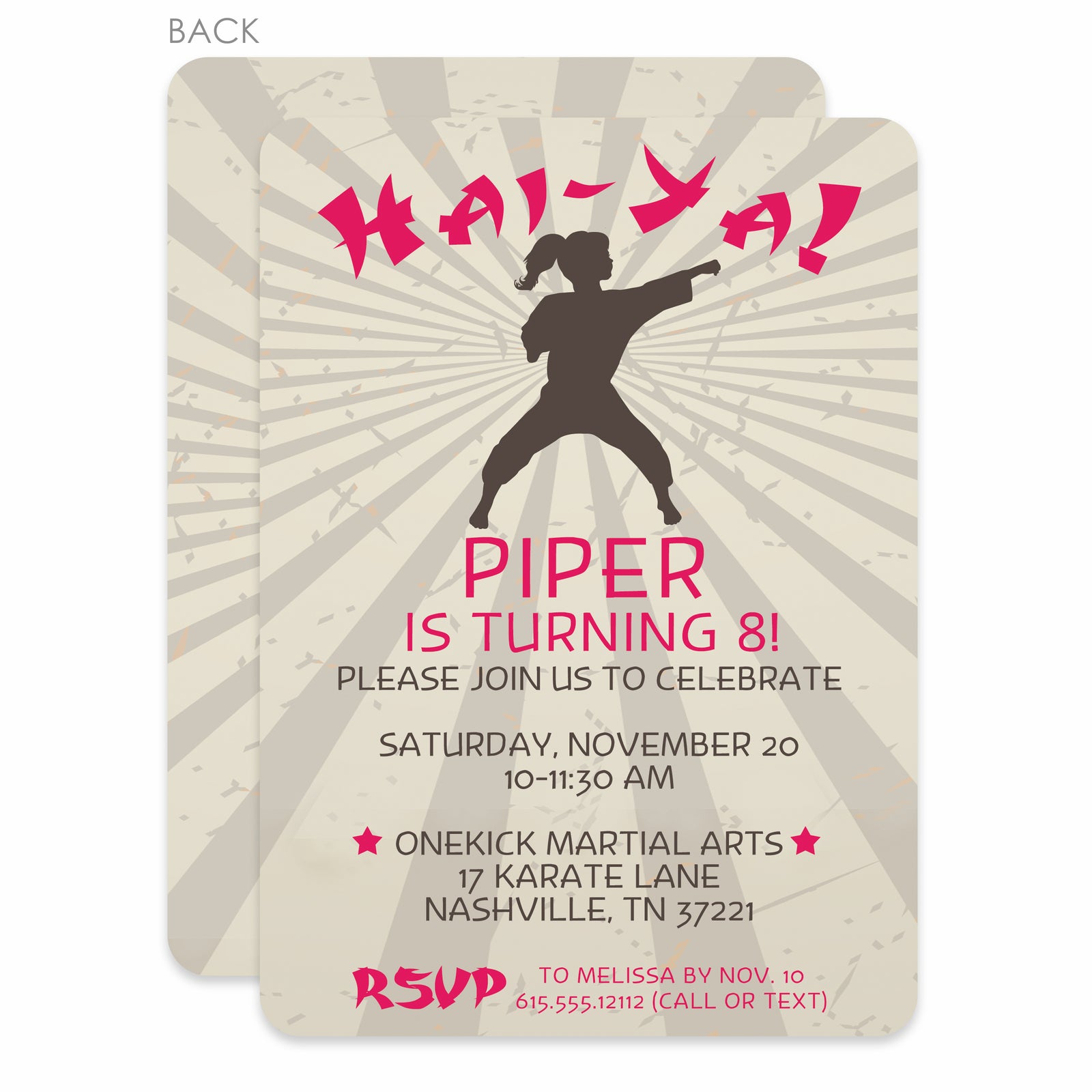 Girl Karate Birthday Party Invitation, printed on thick cardstock