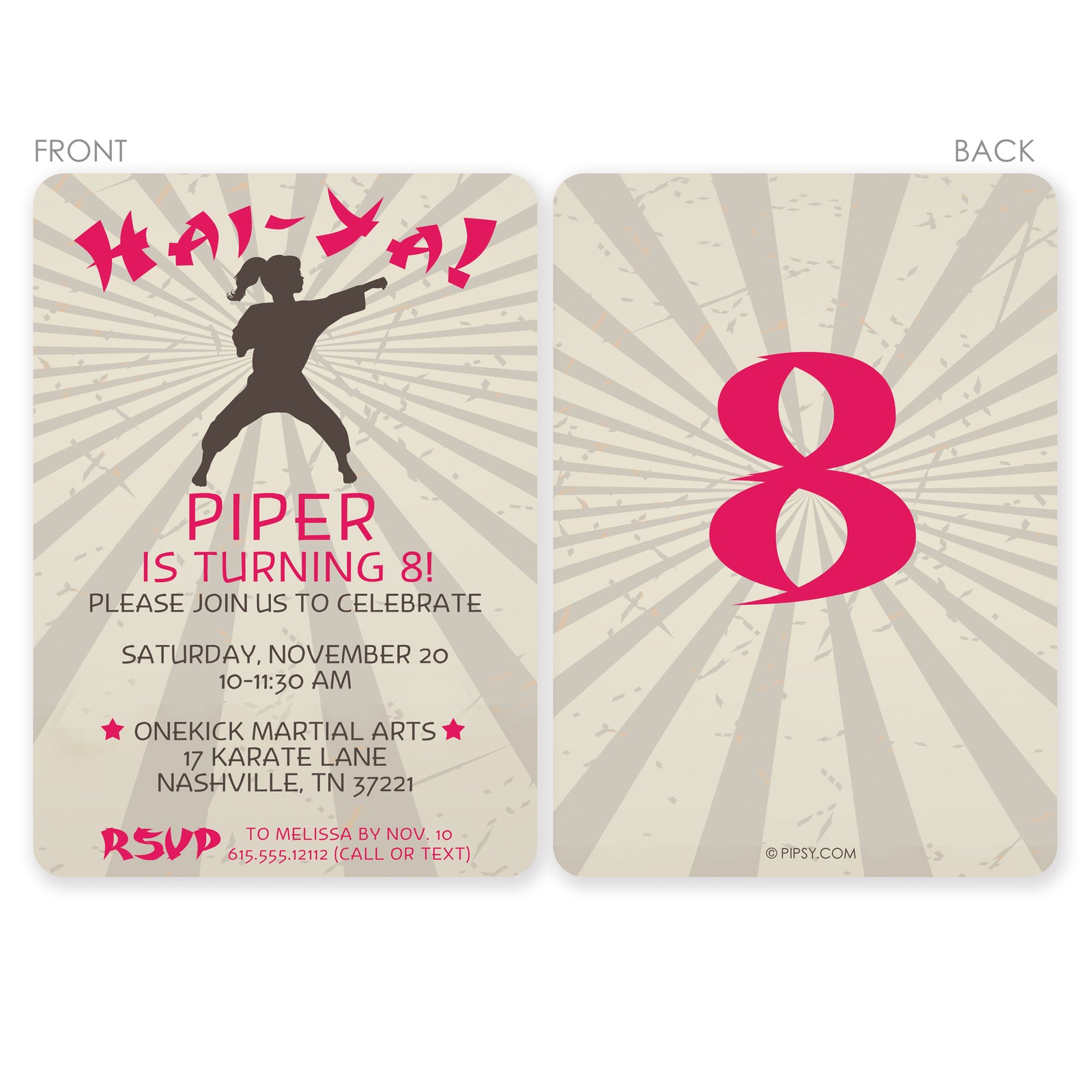 Girl Karate Birthday Party Invitation, printed on thick cardstock