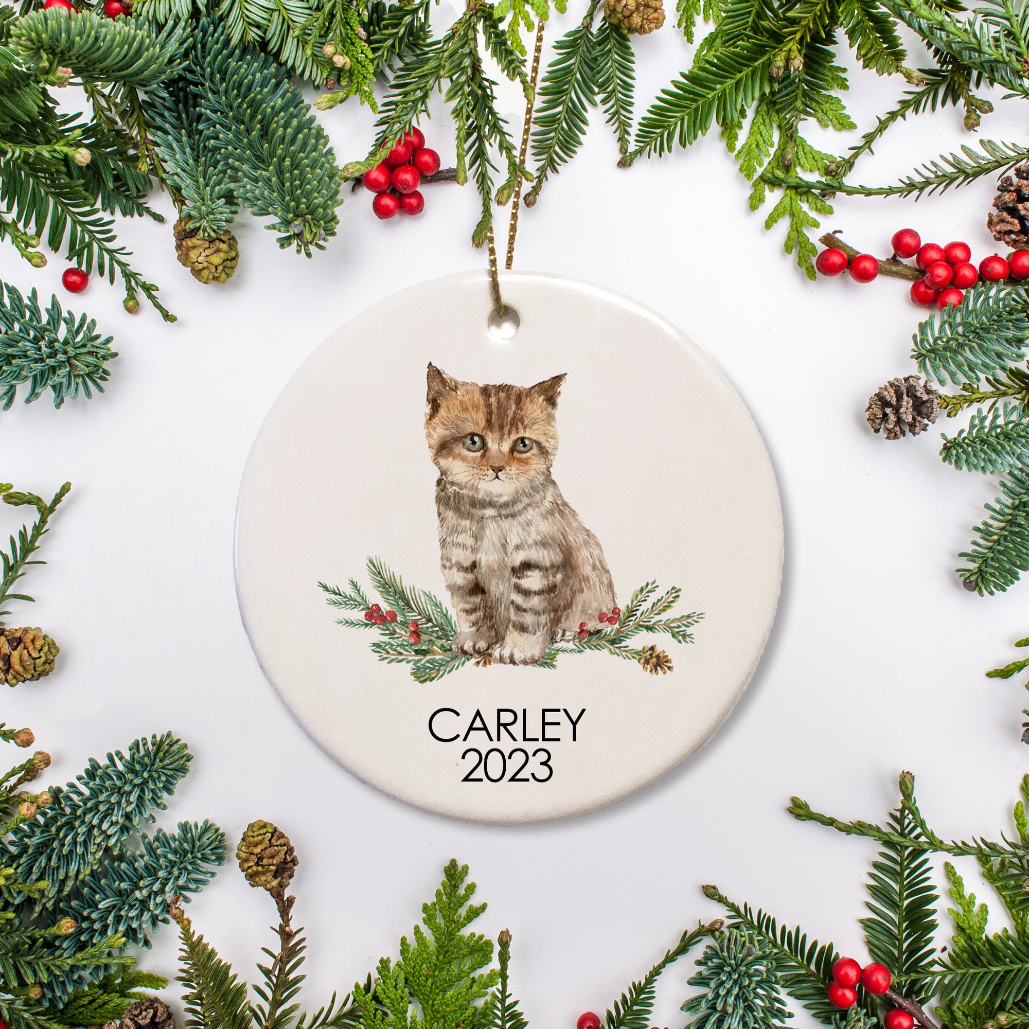 Personalized Christmas ornament - kitten sitting on greenery with name and year of your choice | PIPSY.COM