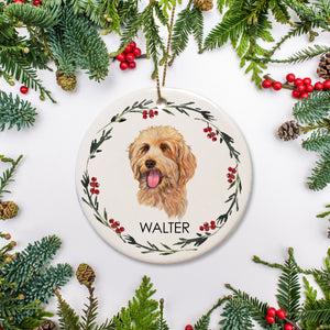 Labradoodle Christmas ornament, personalized with your dogs name, white ceramic, handmade in Nashville