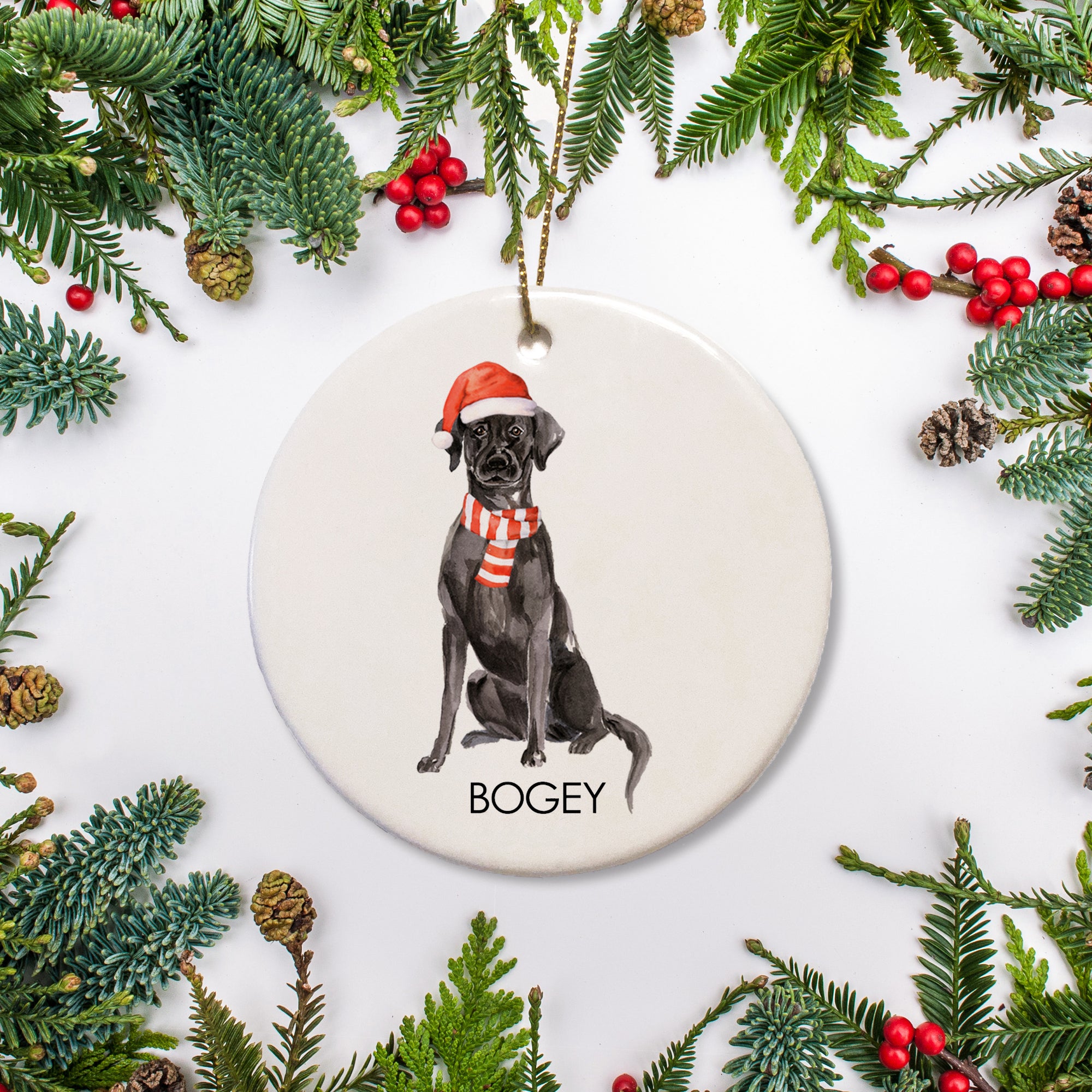 This personalized ornament features a black Labrador Retriever in a Santa hat and scarf, along with your dog's name. We can add a special message on the back, such as an adoption date or your a list of their favorite activities.