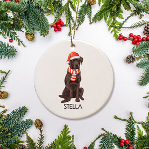 Chocolate Lab Christmas ornament, personalized with your dog's name, wearing a santa hat