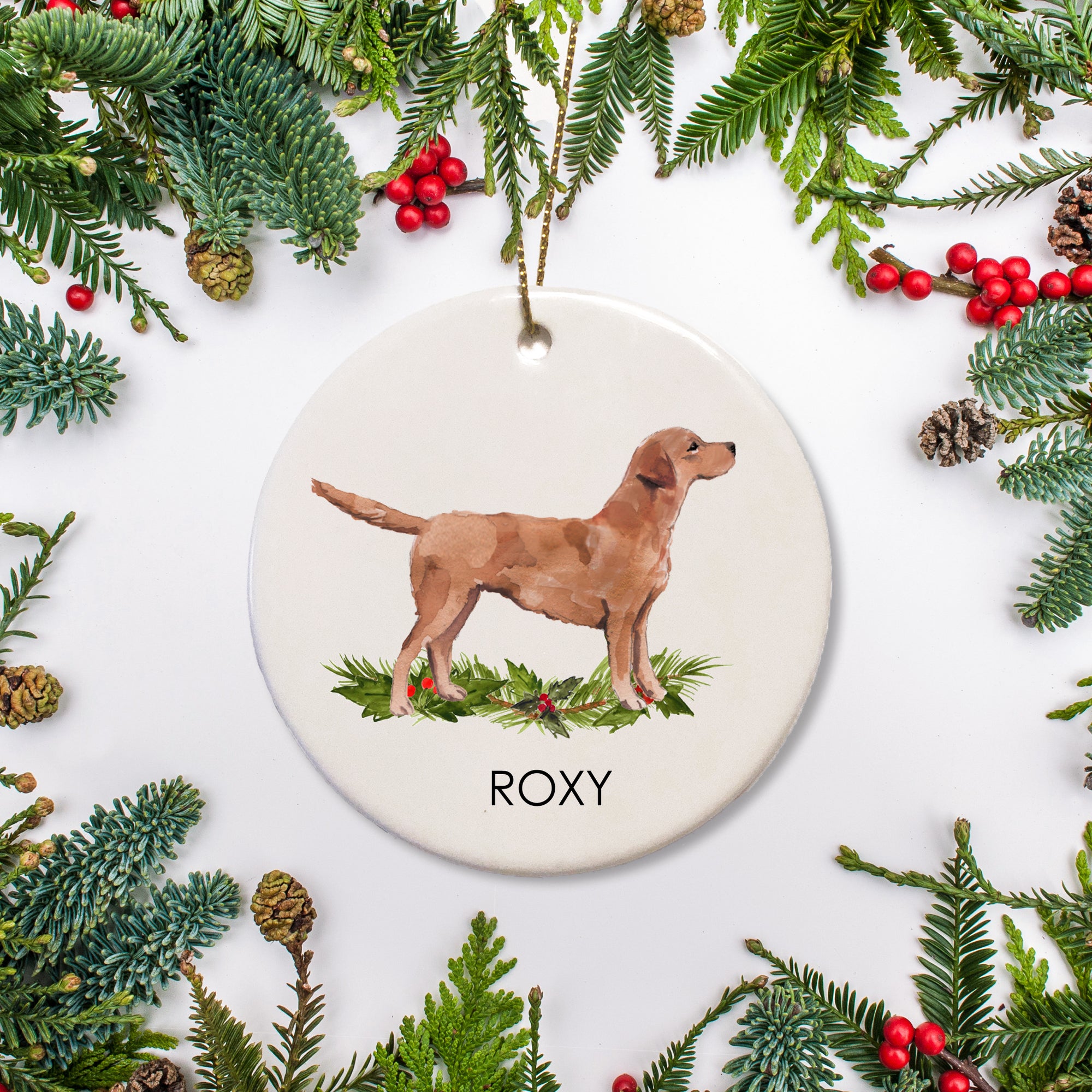 Red Labrador Personalized Christmas Ornament, Featuirng your pets name and the year of your choice. Printed on a ceramic ornament and comes with a free gift box