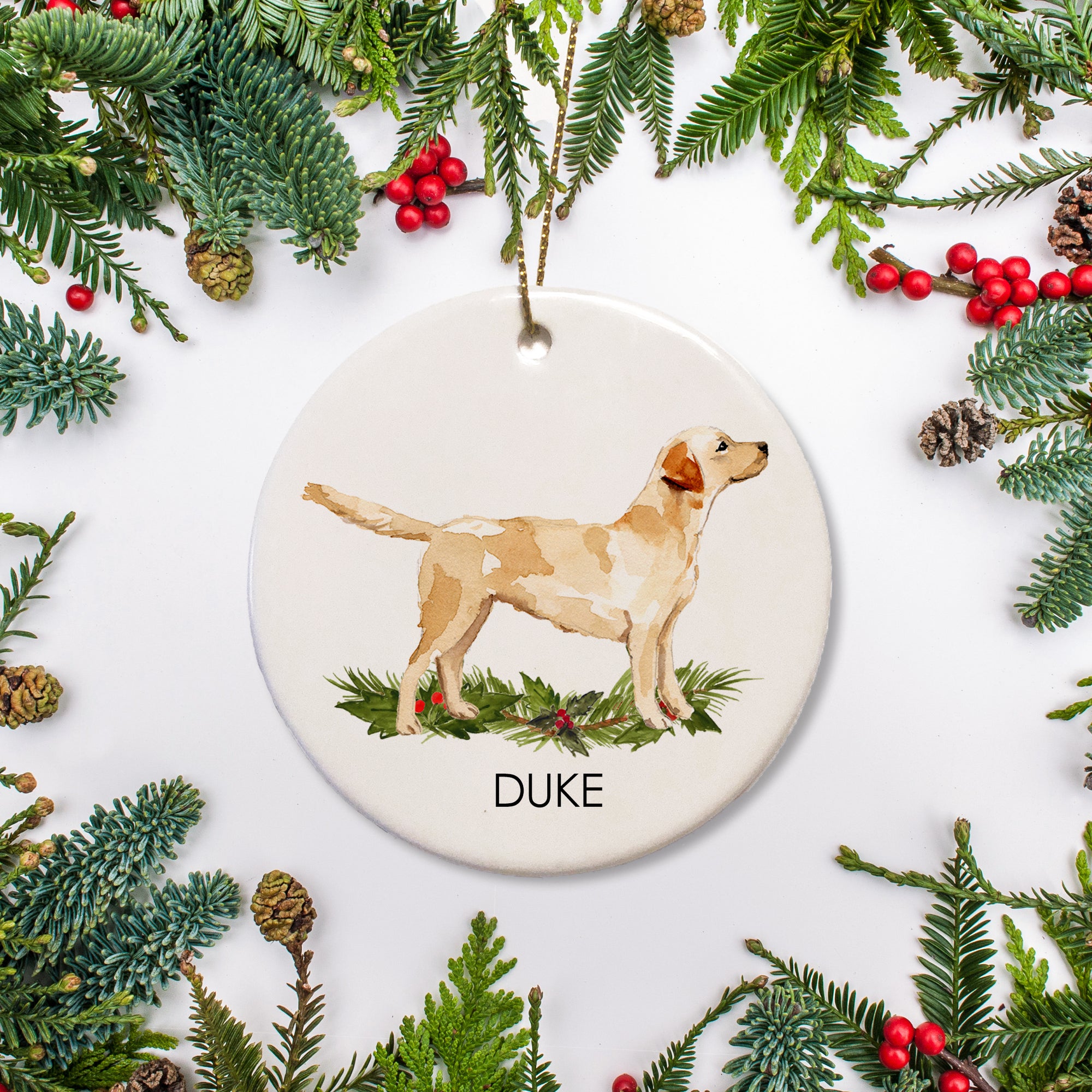 Yellow Labrador Christmas Ornament, Personalized with your dog's name and the year, Printed on glossy ceramic, and comes with a free gift box