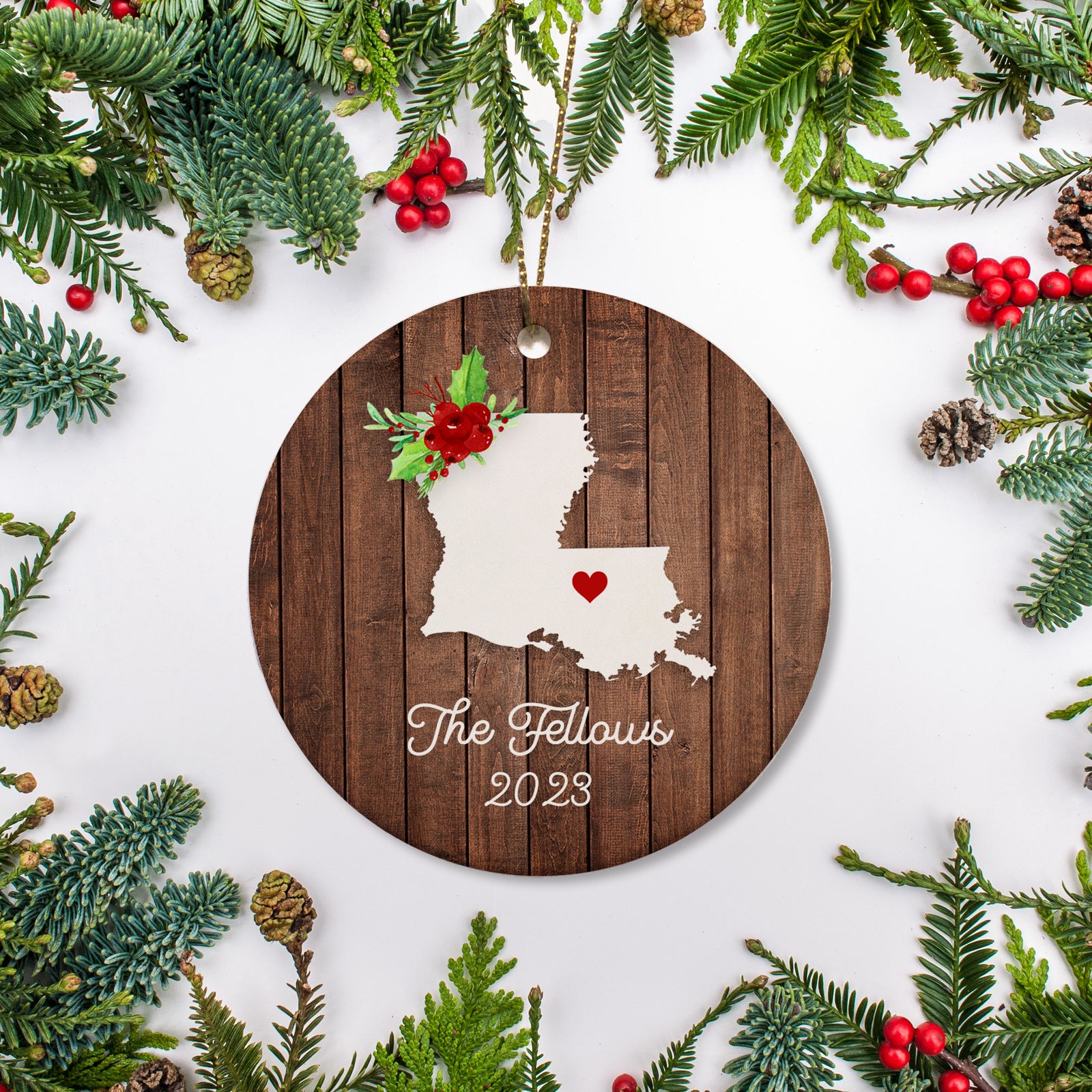 Louisiana state christmas ornament. Personalized with your name, city, and year. Ceramic keepsake ornament with a gold hanging string. Great for a college student, new home owners, just moved, or vacation memory