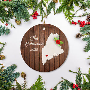 Maine state christmas ornament. Personalized with your name, city, and year. Ceramic keepsake ornament with a gold hanging string. Great for a college student, new home owners, just moved, or vacation memory