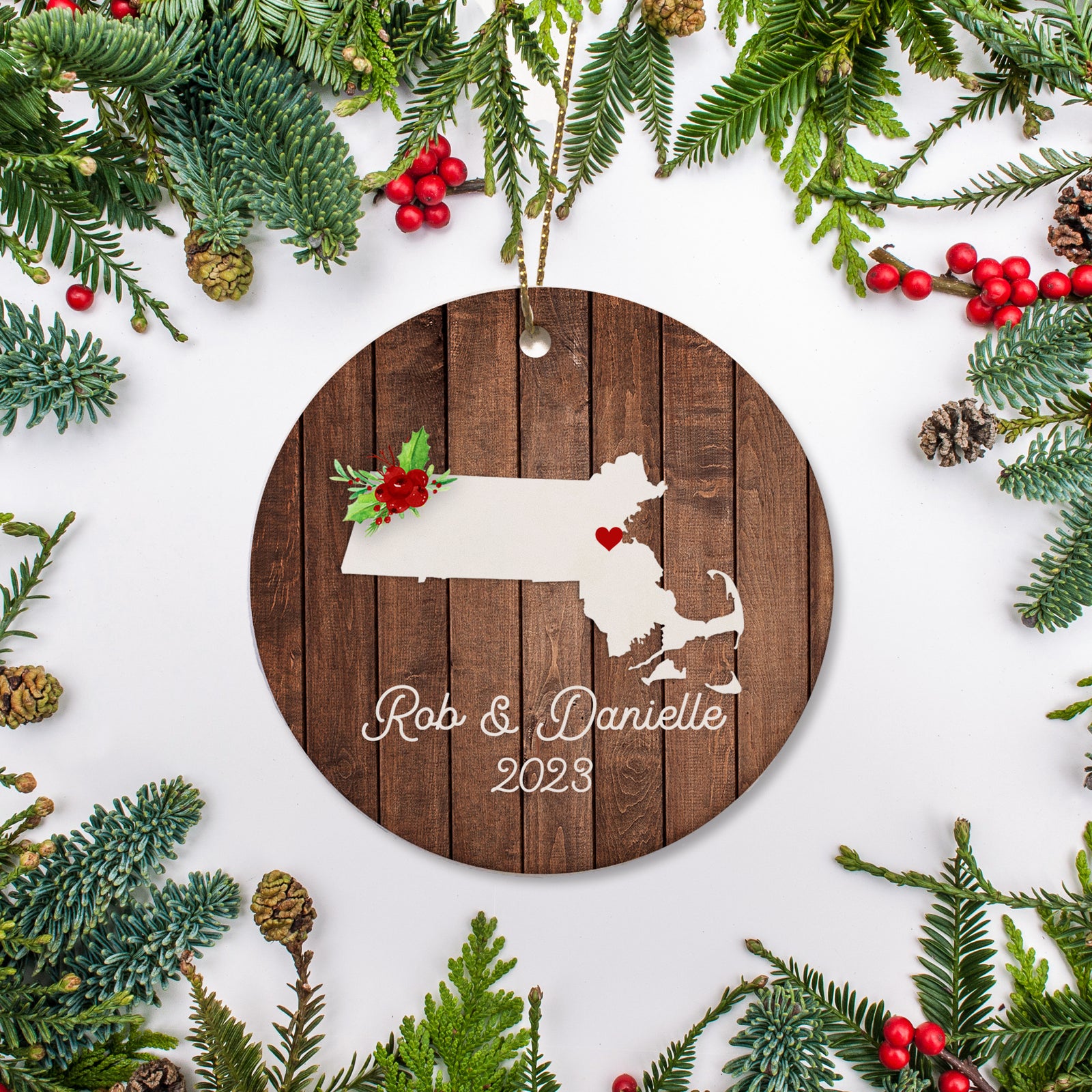 Massachusetts state christmas ornament. Personalized with your name, city, and year. Ceramic keepsake ornament with a gold hanging string. Great for a college student, new home owners, just moved, or vacation memory