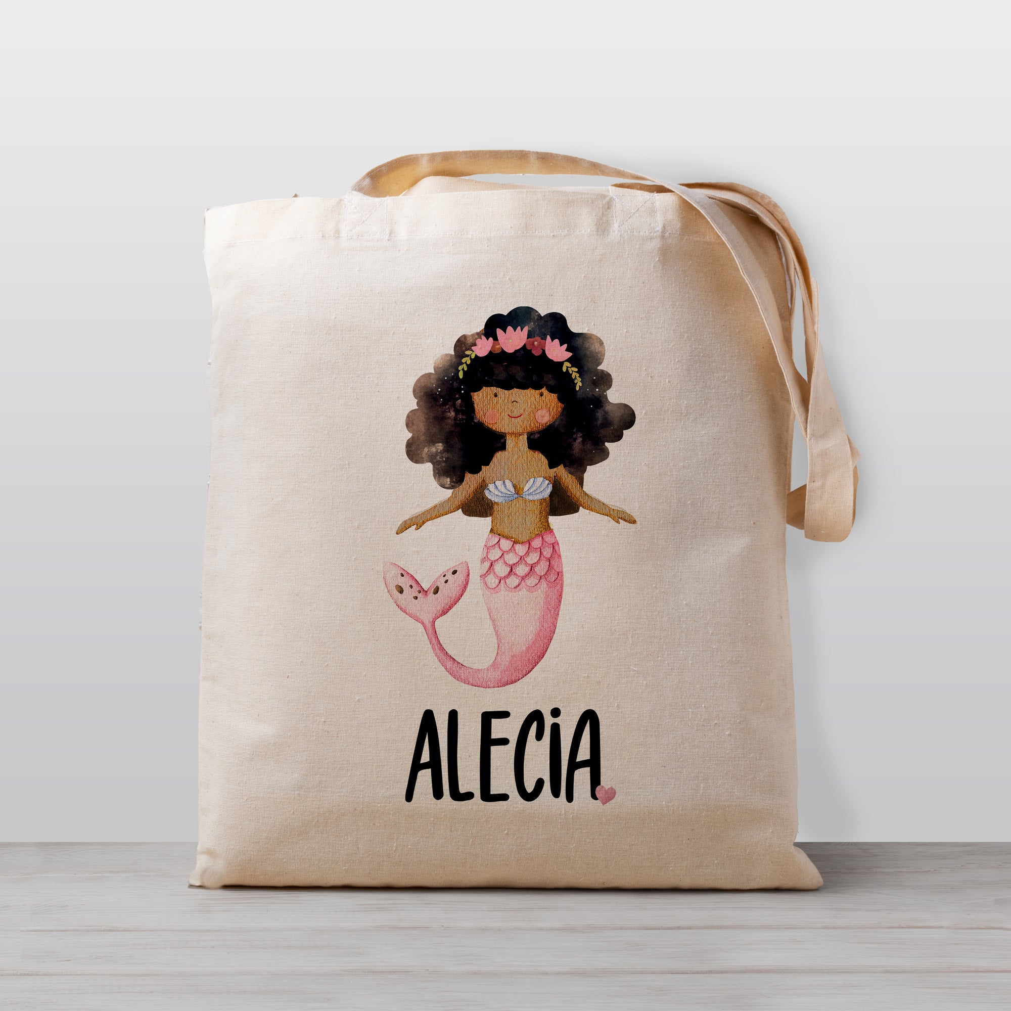 Black African American Mermaid tote bag personalized with name, 100% natural cotton canvas