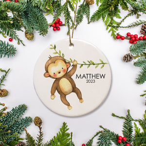 Monkey Christmas ornament, personalized for a boy or girl, ceramic