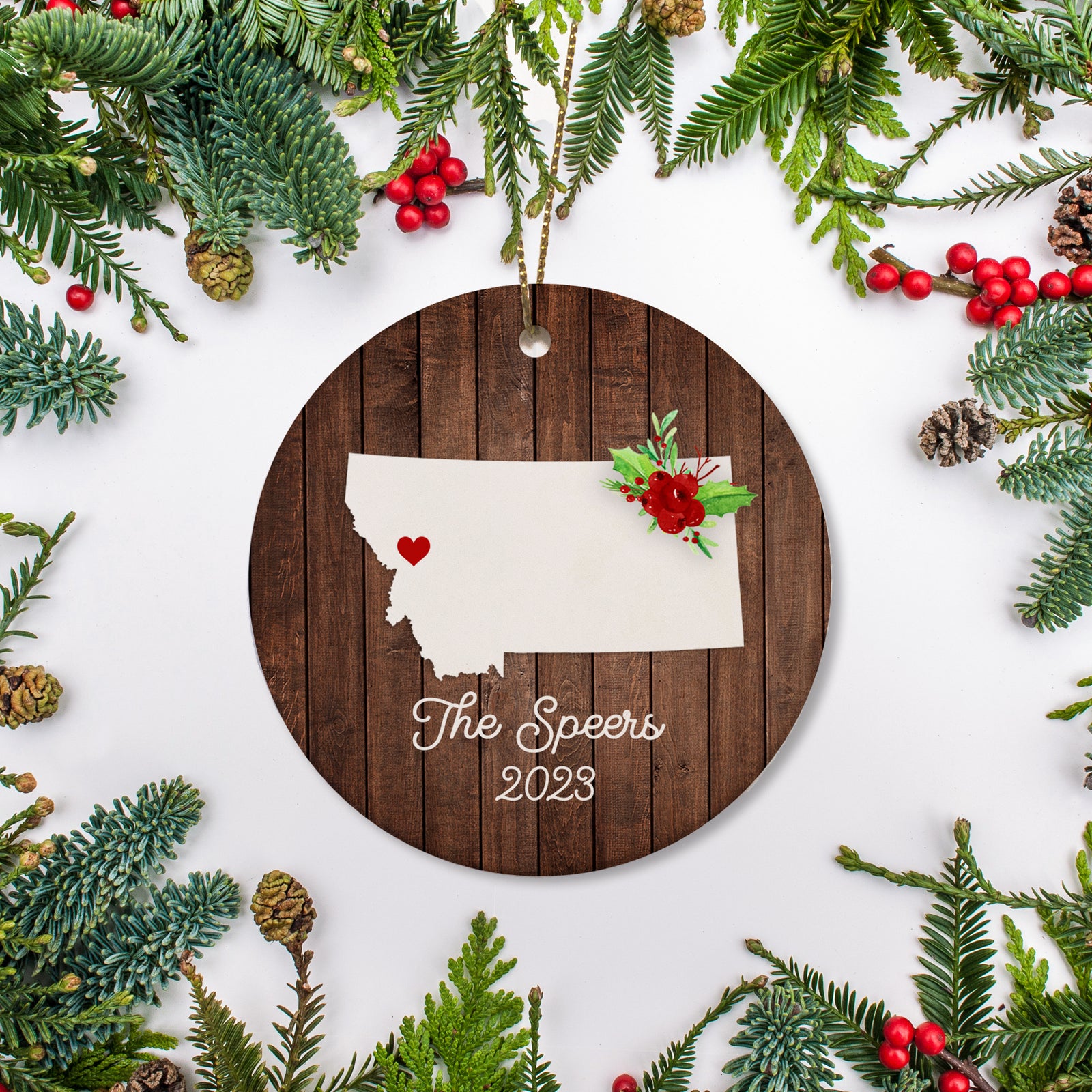 Montana state christmas ornament. Personalized with your name, city, and year. Ceramic keepsake ornament with a gold hanging string. Great for a college student, new home owners, just moved, or vacation memory