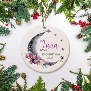 Moon and Stars personalized Christmas Ornament - Name along with 1st Christmas nestled in the moon | Pipsy.com