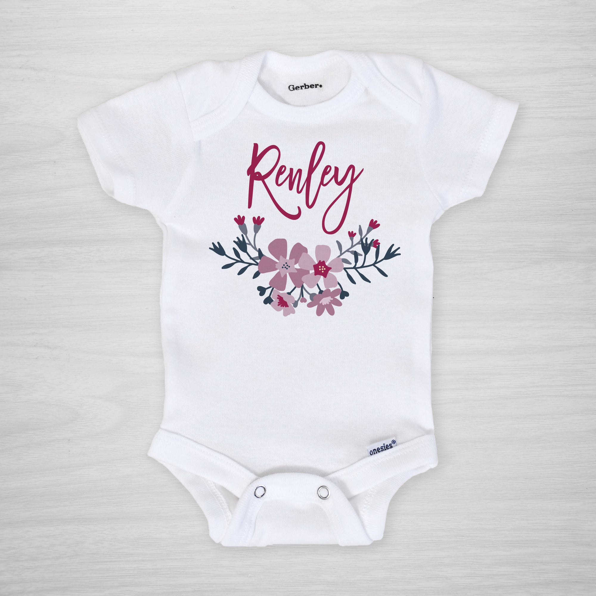 Floral Personalized Baby Onesie Bodysuit, Short sleeved