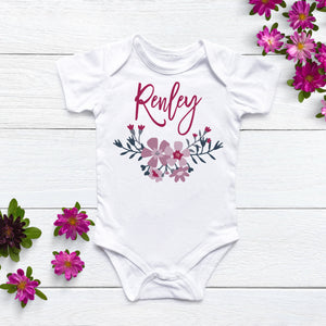 Floral Personalized Baby Onesie Bodysuit, Short sleeved