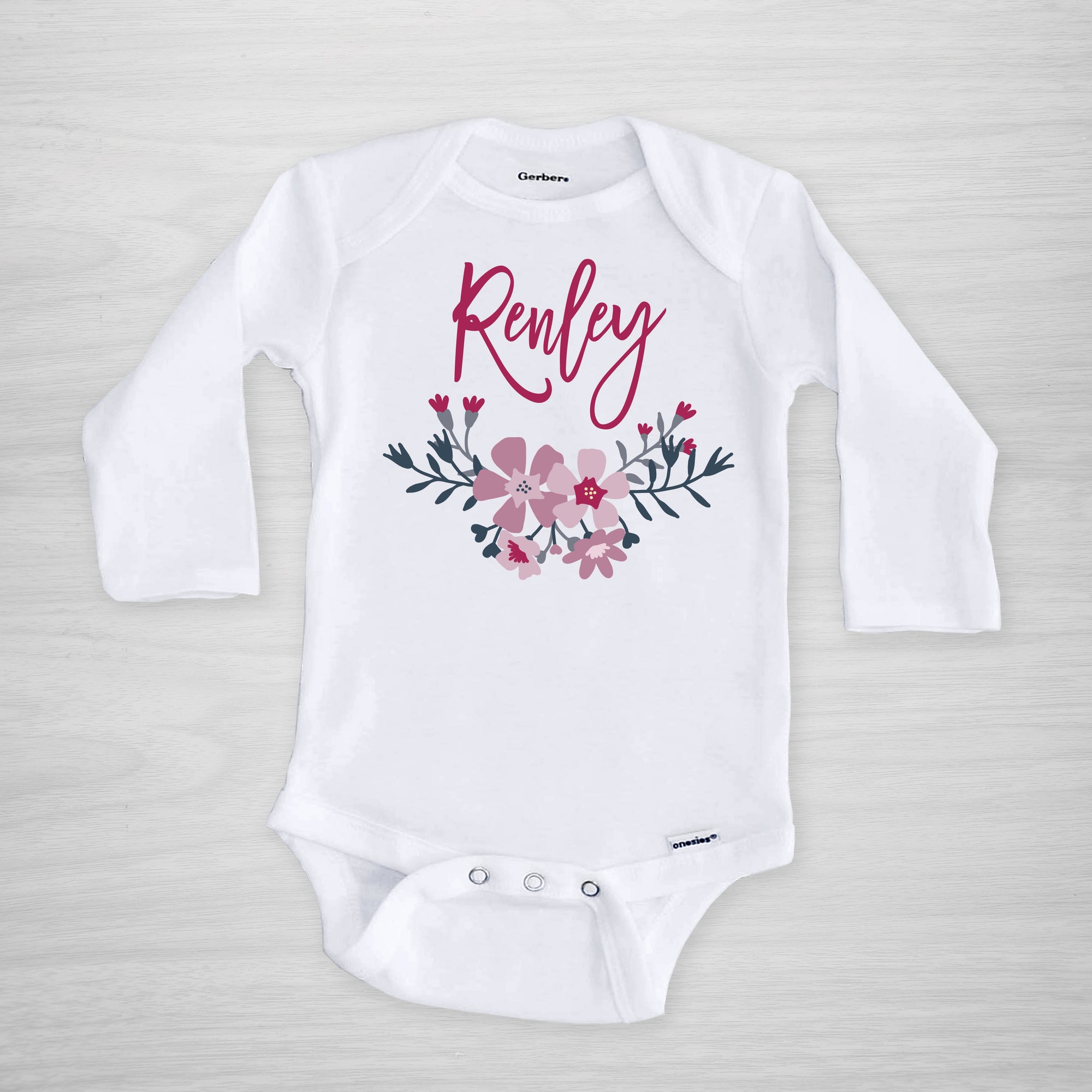 Floral Personalized Baby Onesie Bodysuit, Long sleeved