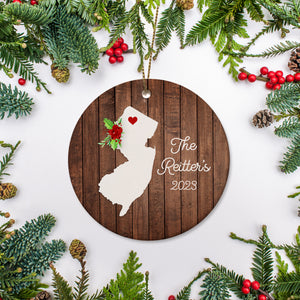 New Jersey state christmas ornament. Personalized with your name, city, and year. Ceramic keepsake ornament with a gold hanging string. Great for a college student, new home owners, just moved, or vacation memory