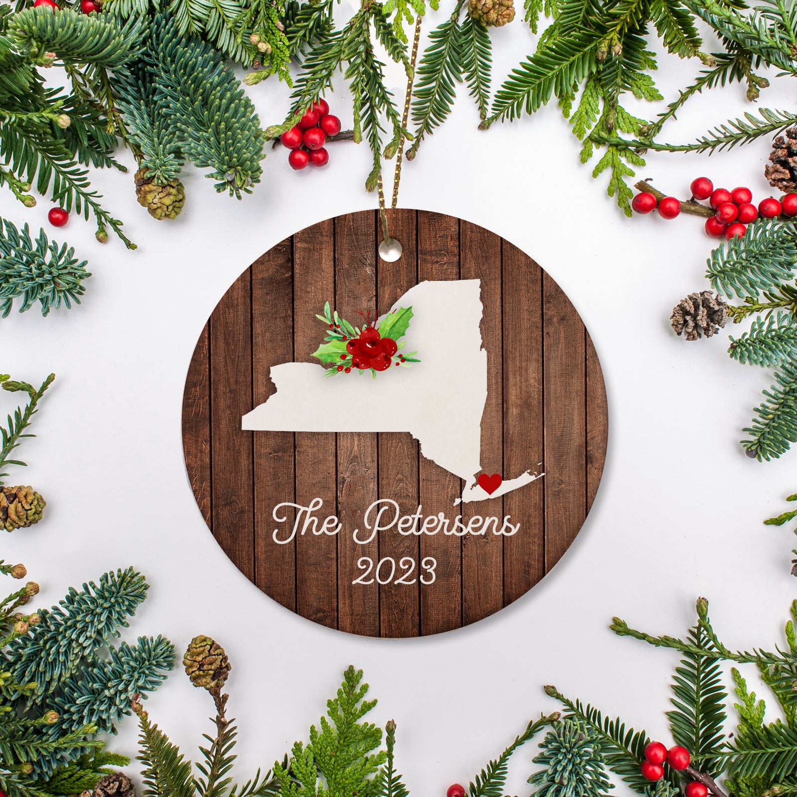 New York state christmas ornament. Personalized with your name, city, and year. Ceramic keepsake ornament with a gold hanging string. Great for a college student, new home owners, just moved, or vacation memory