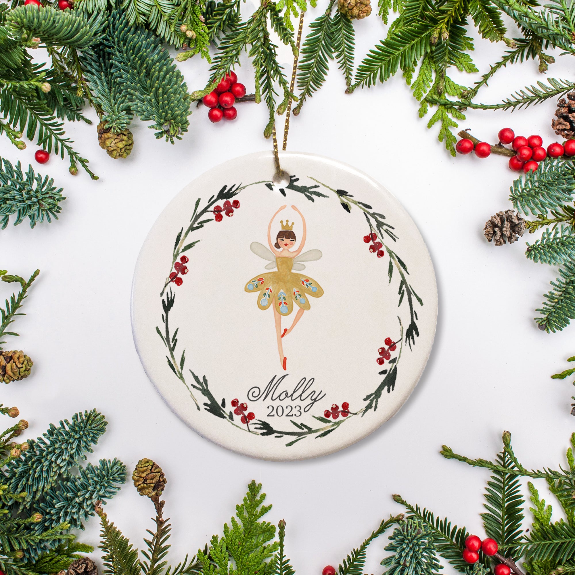 Personalized Nutcracker Ballerina Christmas Ornament | Surrounded with a simple wreath | Add name and year of your choice | PIPSY.COM