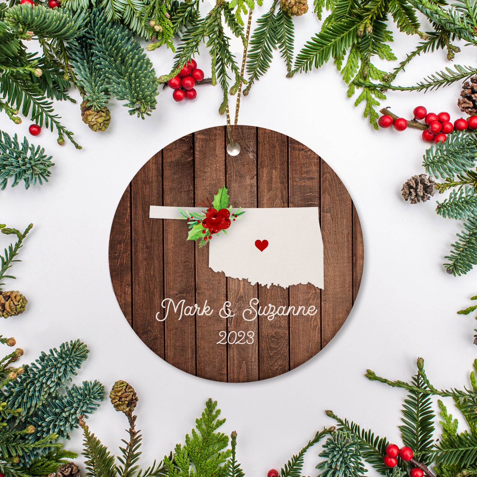 Oklahoma state christmas ornament. Personalized with your name, city, and year. Ceramic keepsake ornament with a gold hanging string. Great for a college student, new home owners, just moved, or vacation memory