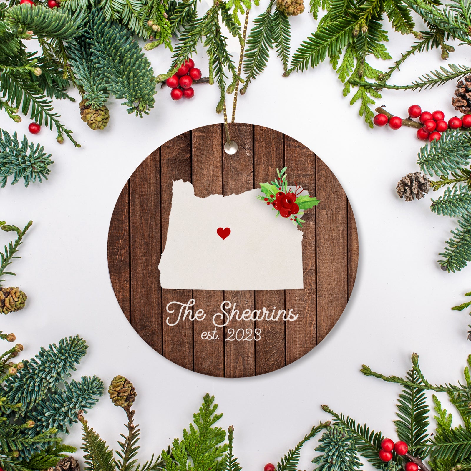 oregon state christmas ornament. Personalized with your name, city, and year. Ceramic keepsake ornament with a gold hanging string. Great for a college student, new home owners, just moved, or vacation memory