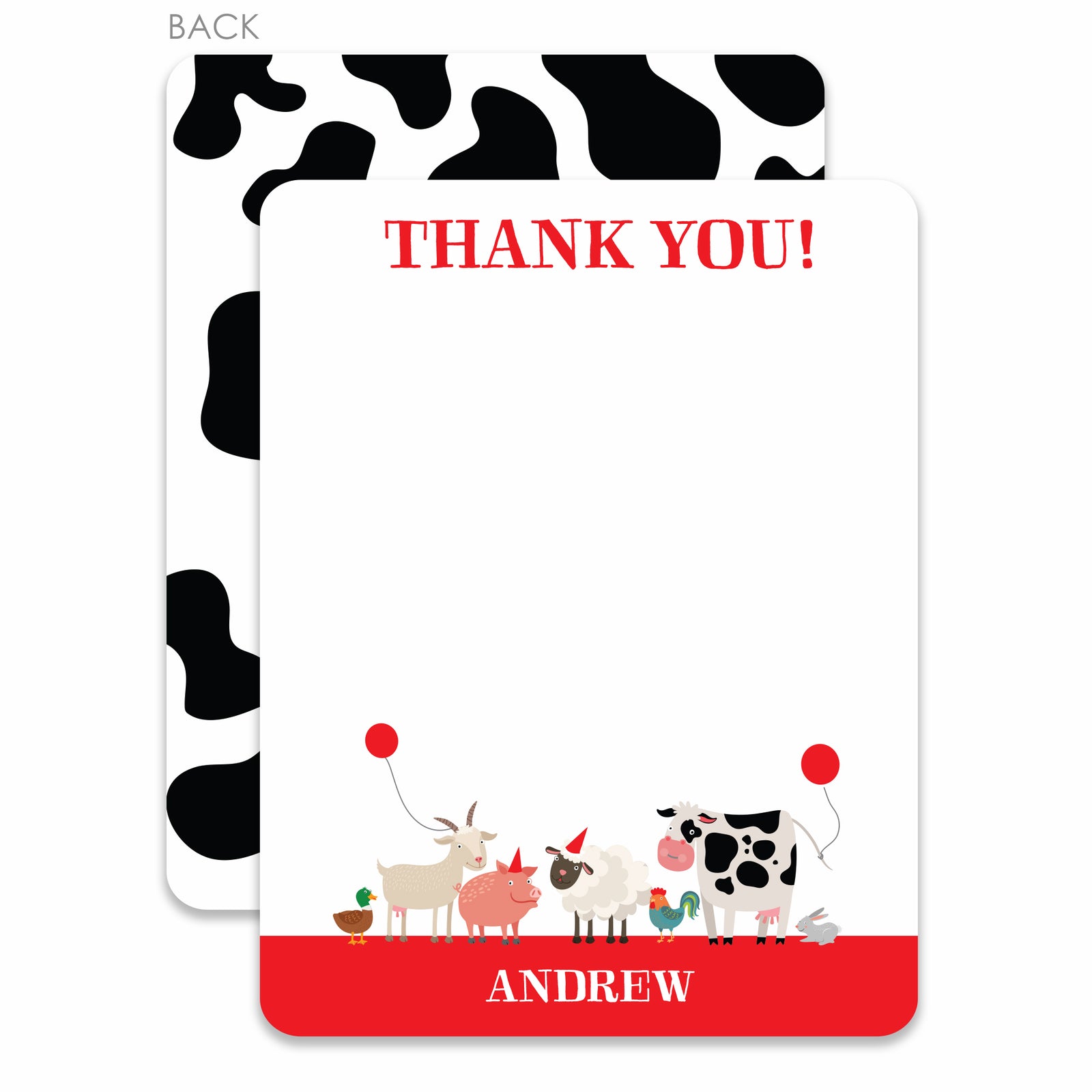 Party Animals Farm Thank you notes stationery, with a cow print on the back