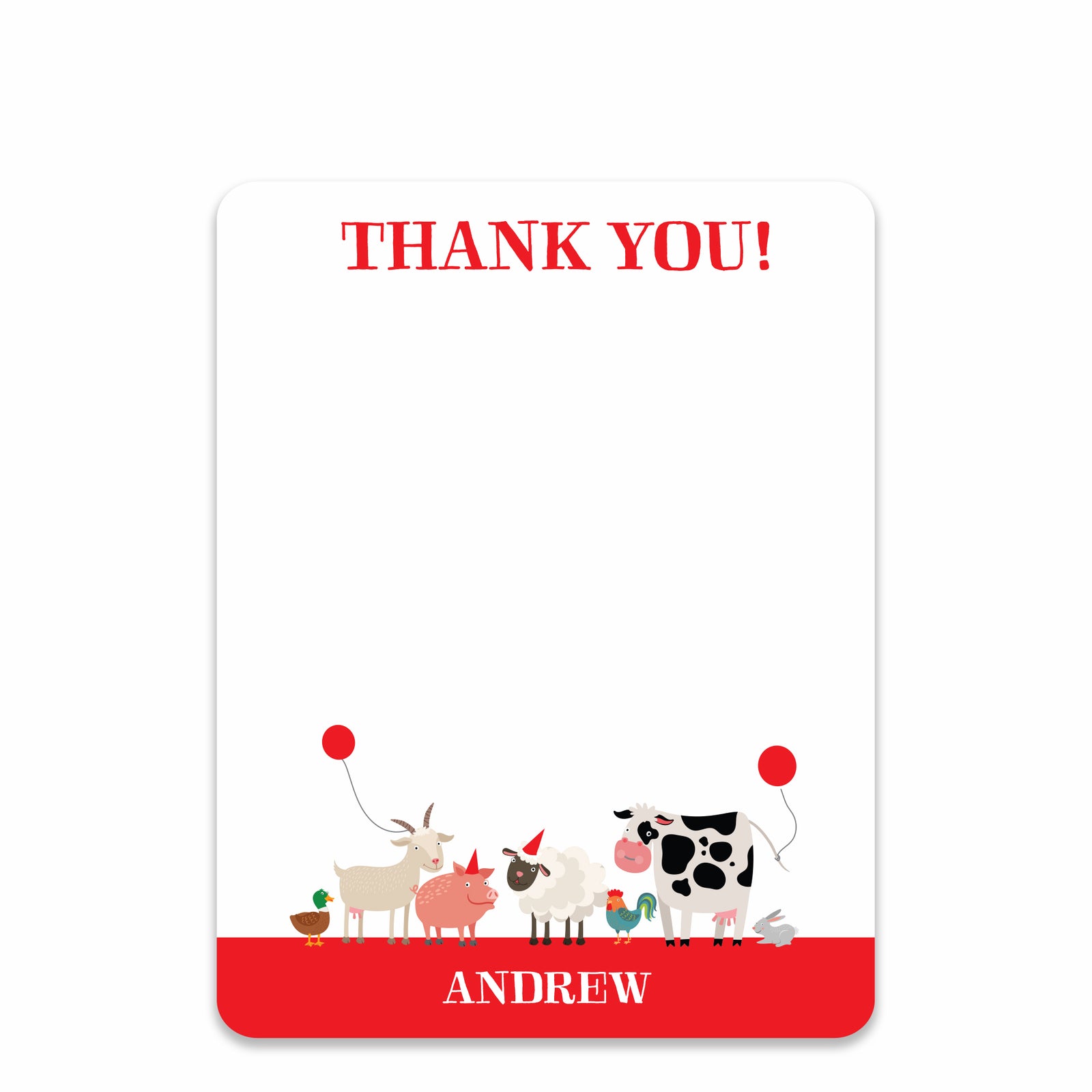 Party Animals Farm Thank you notes stationery, with a cow print on the back
