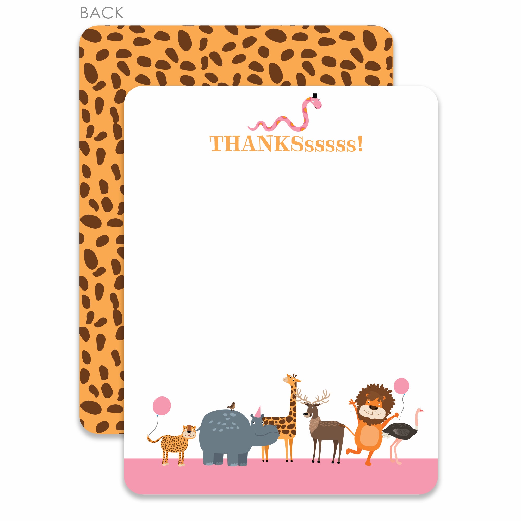 Party Animals Flat notecards stationery with a cheetah pattern on the back